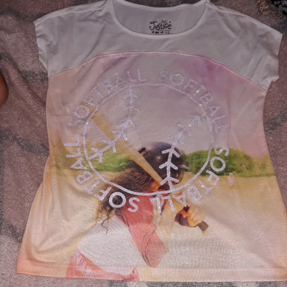 JUSTICE SIZE 12 GIRLS SOFTBALL/GLITTER TEE